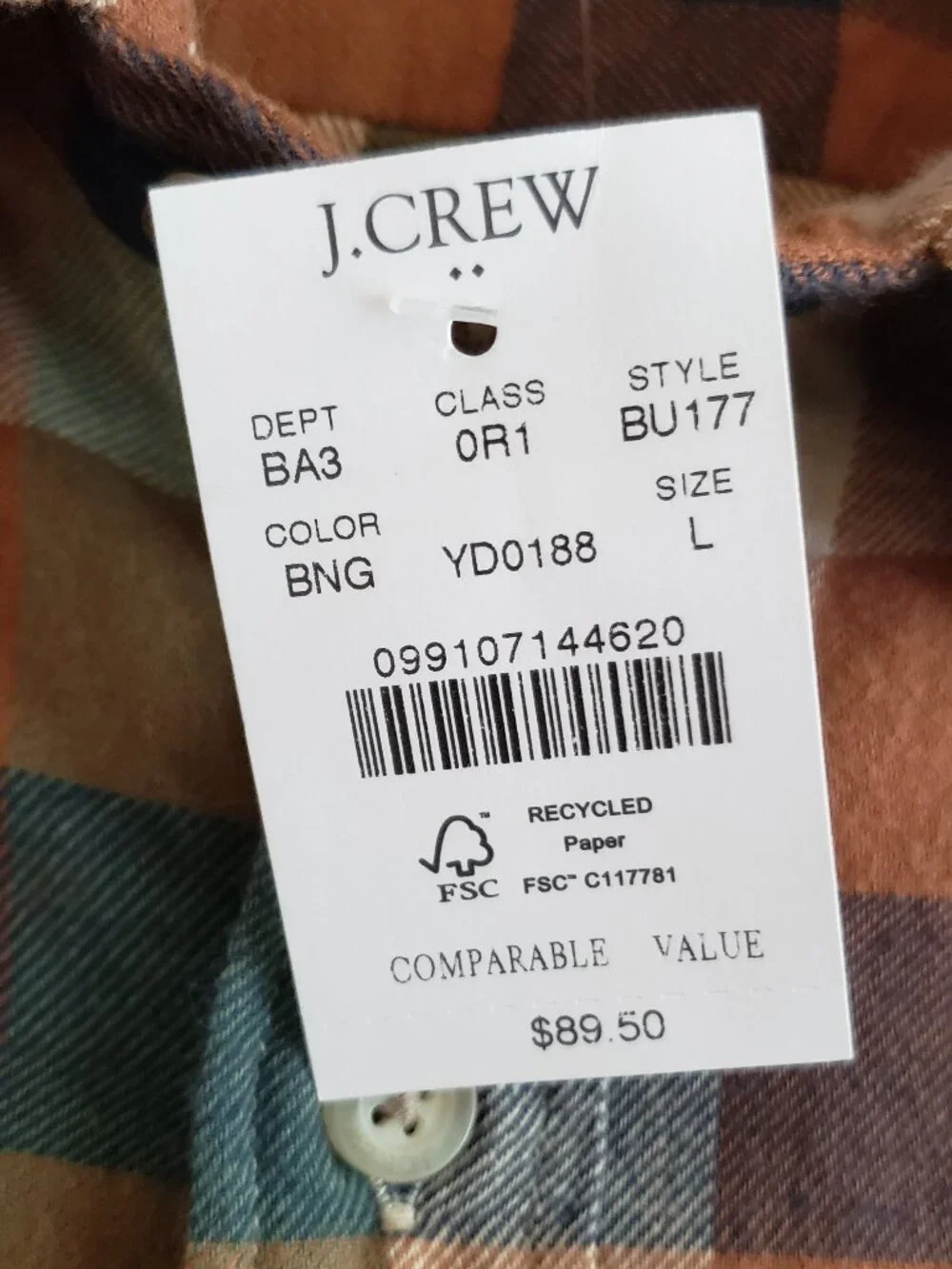 J. Crew Men's Size L Flannel Slim Button-Up Shirts Brown Beige Plaid Cotton